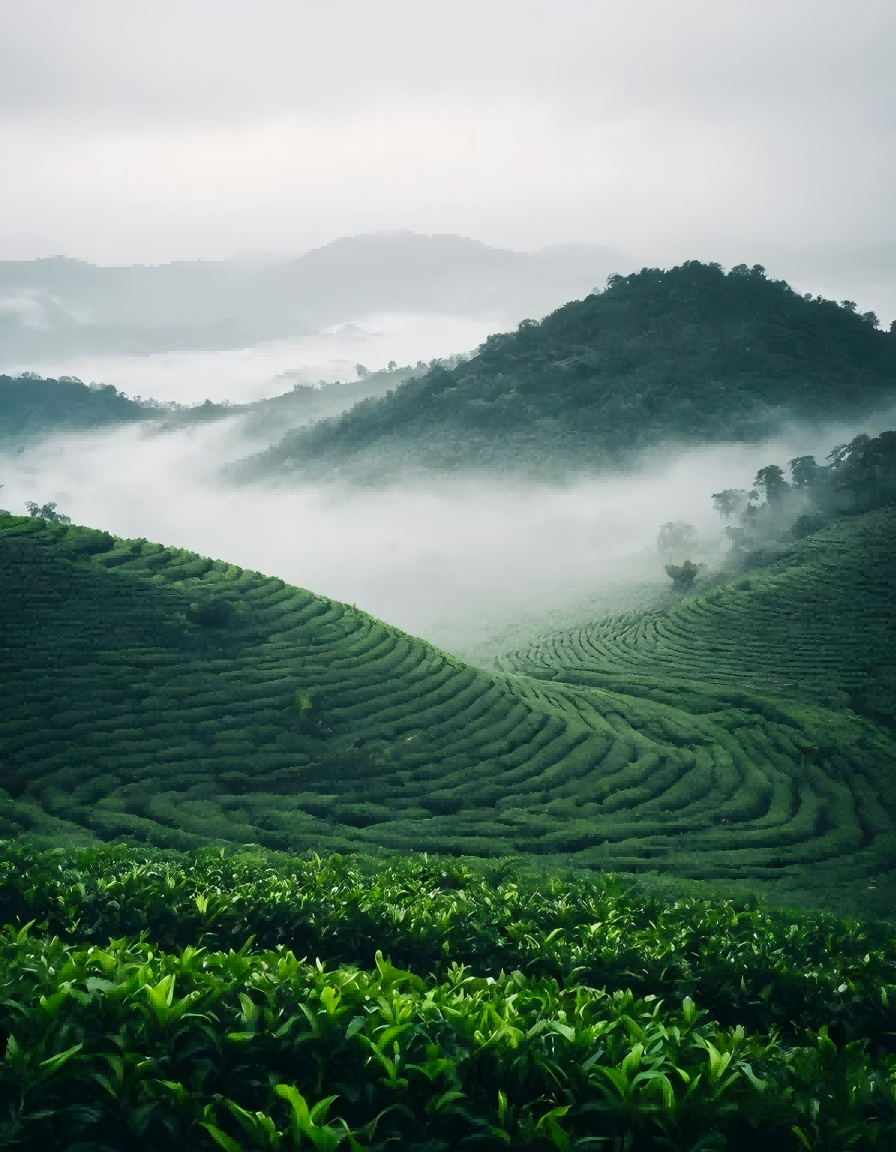 Meijiawu tea terraces �� rows of tea bushes on a hillside in late afternoon light