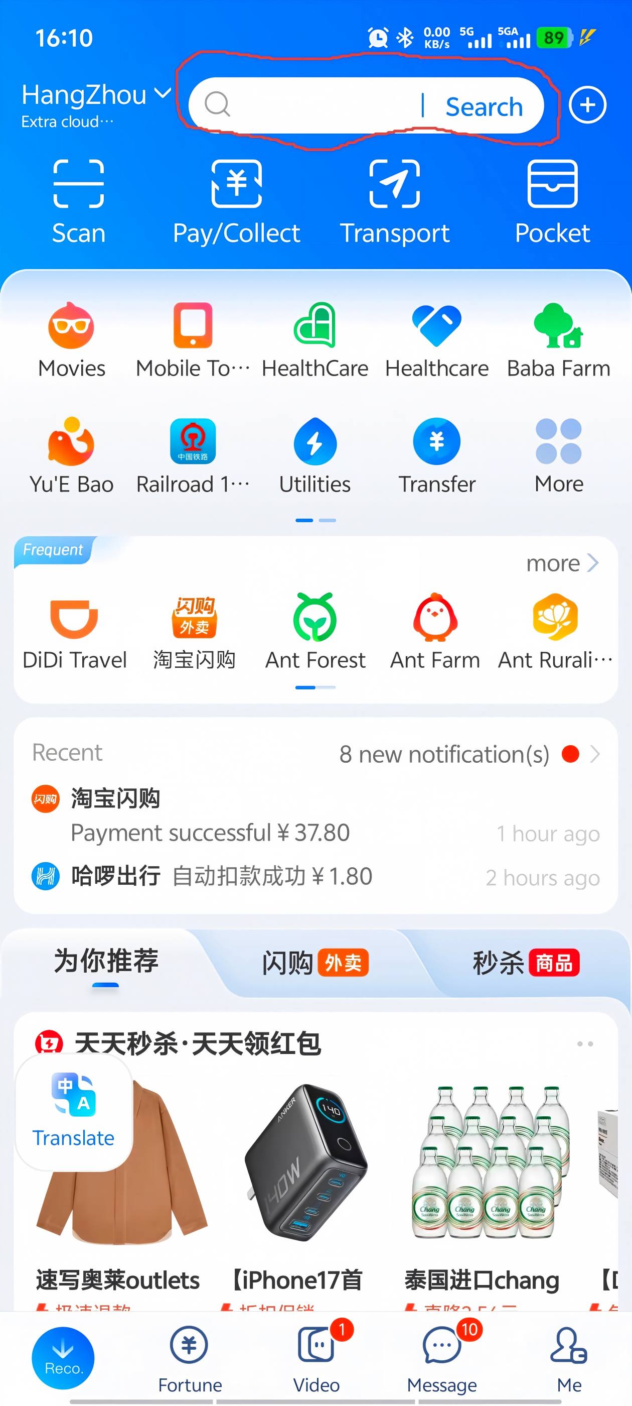Alipay home screen �� tap Search at the top