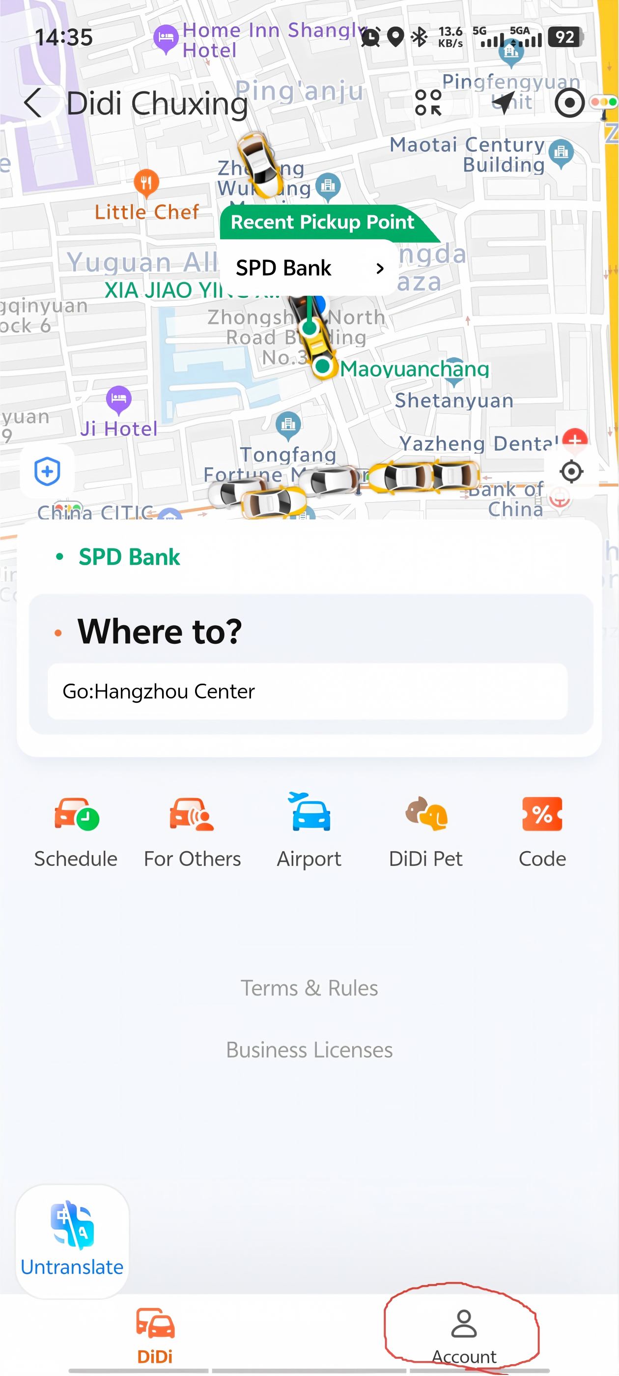 DiDi Account screen �� tap Account in bottom-right