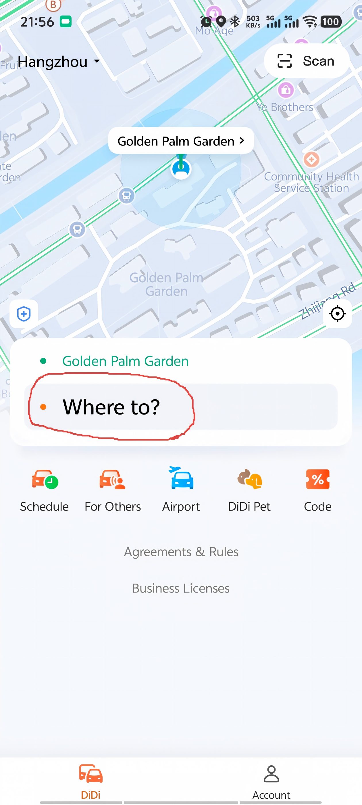 DiDi home screen �� tap Where to? to enter destination