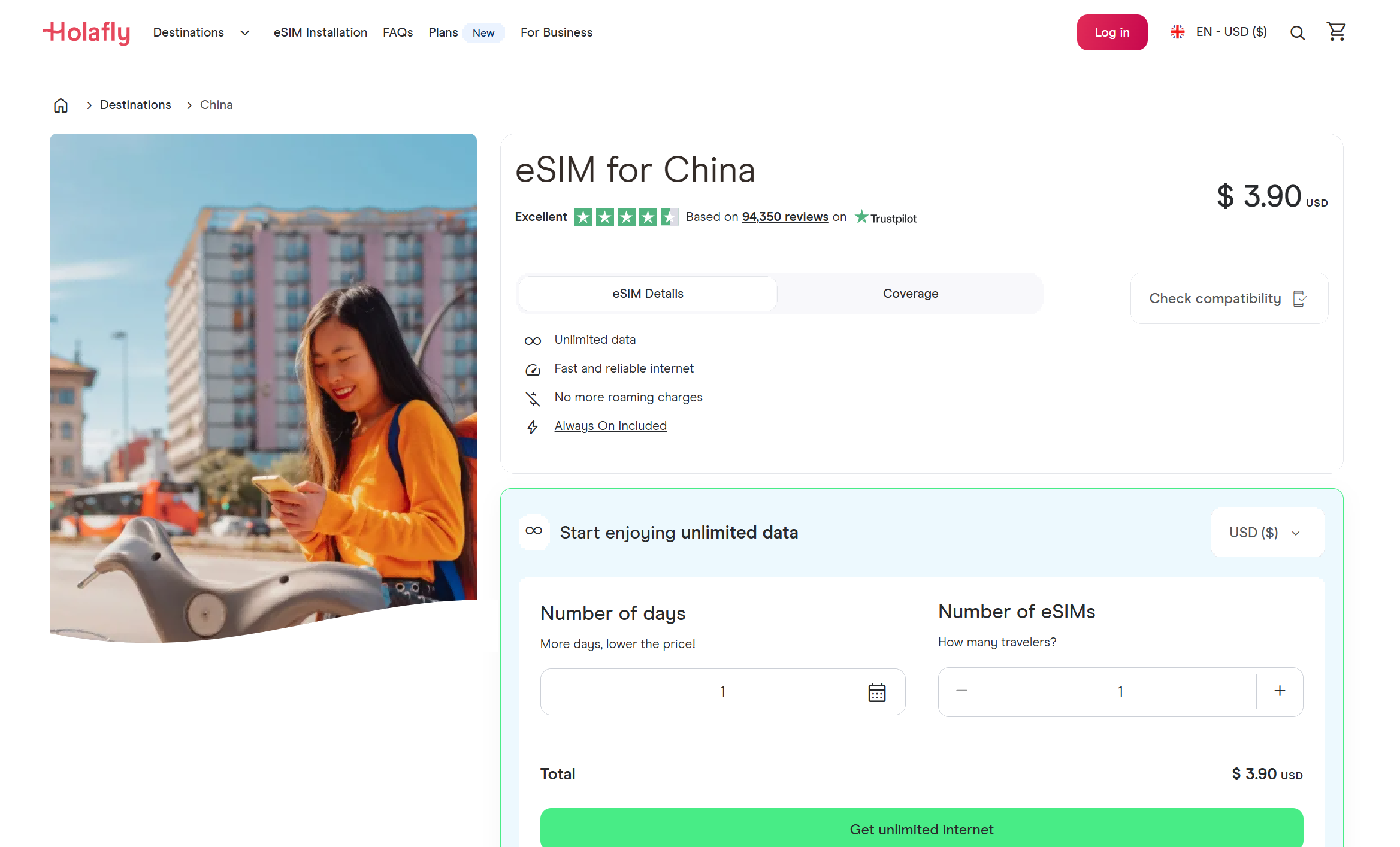 Holafly China eSIM plan page
