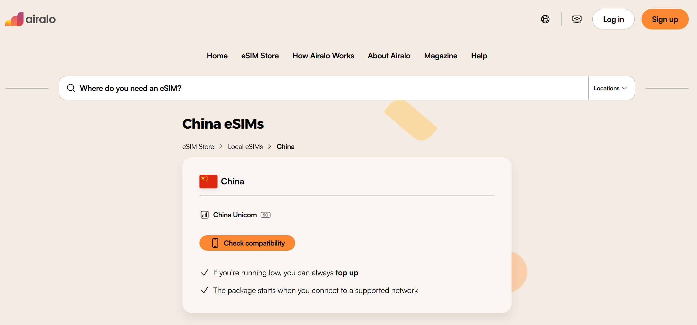 Airalo China eSIM plan page