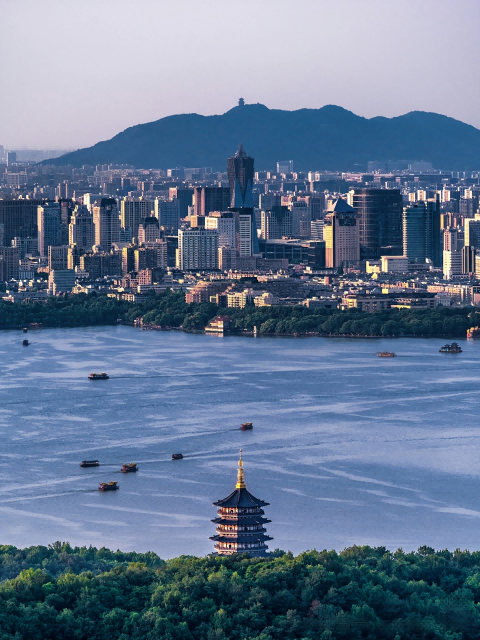 Leifeng Pagoda, West Lake with tour boats, and the old city skyline from above