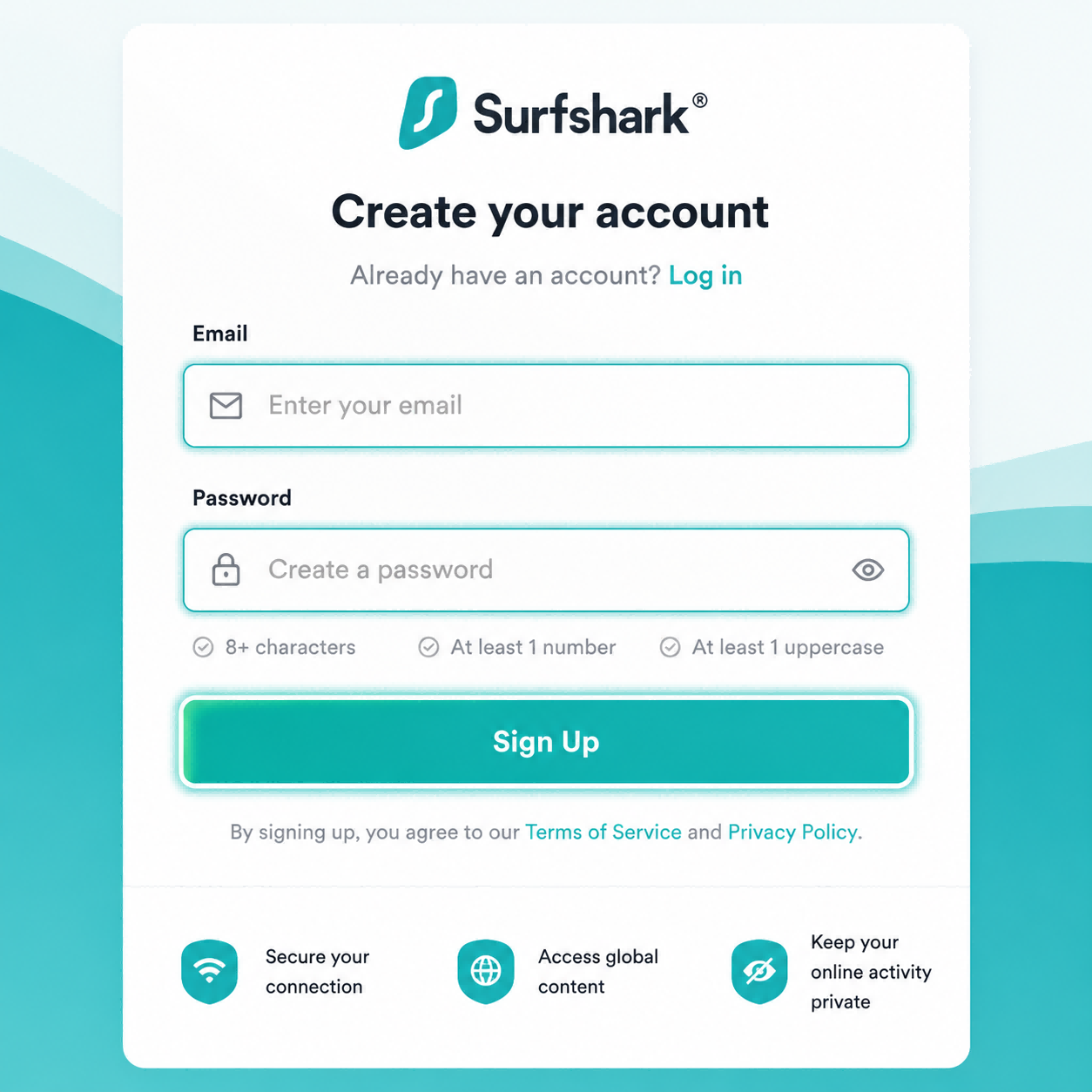 Surfshark account creation screen