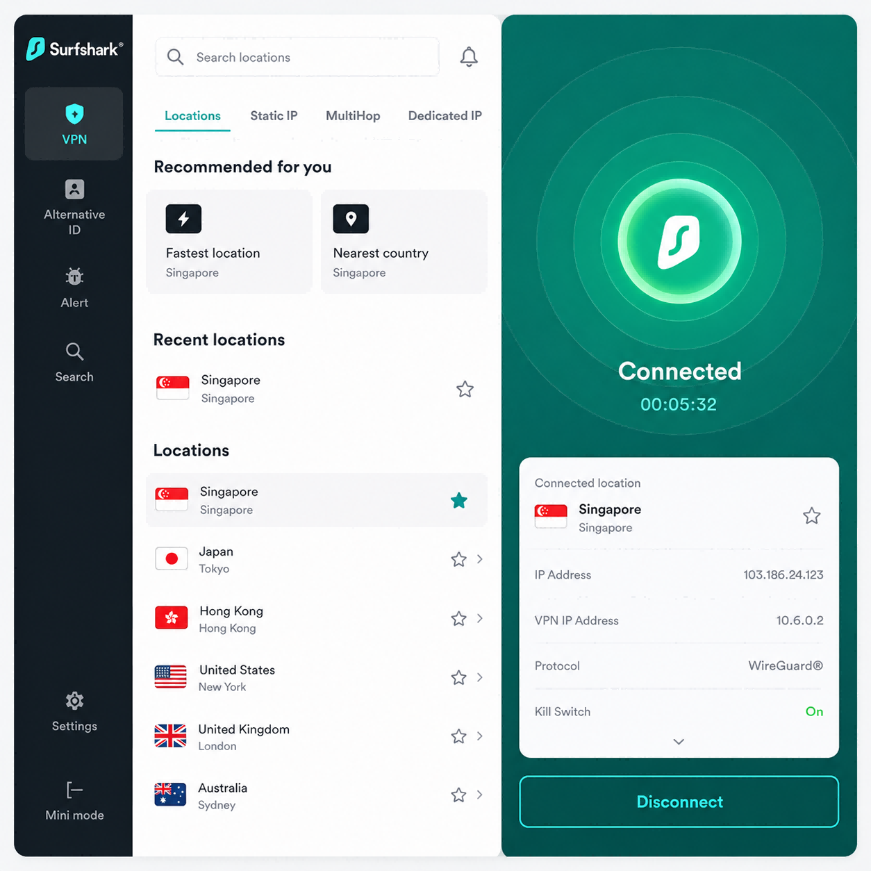 Surfshark server selection �� Japan, Singapore, and South Korea are good nearby options